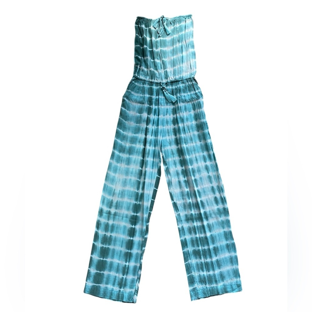 Olivaceous Tie Dye Blue-Green and White Strapless Jumpsuit Size Medium